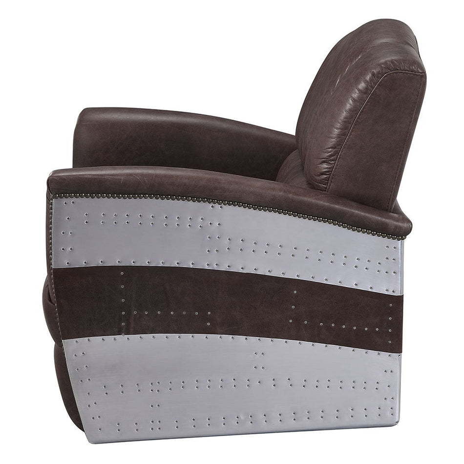 Brancaster - Silla decorativa - Cuero de grano superior marrón retro y aluminio - 35"