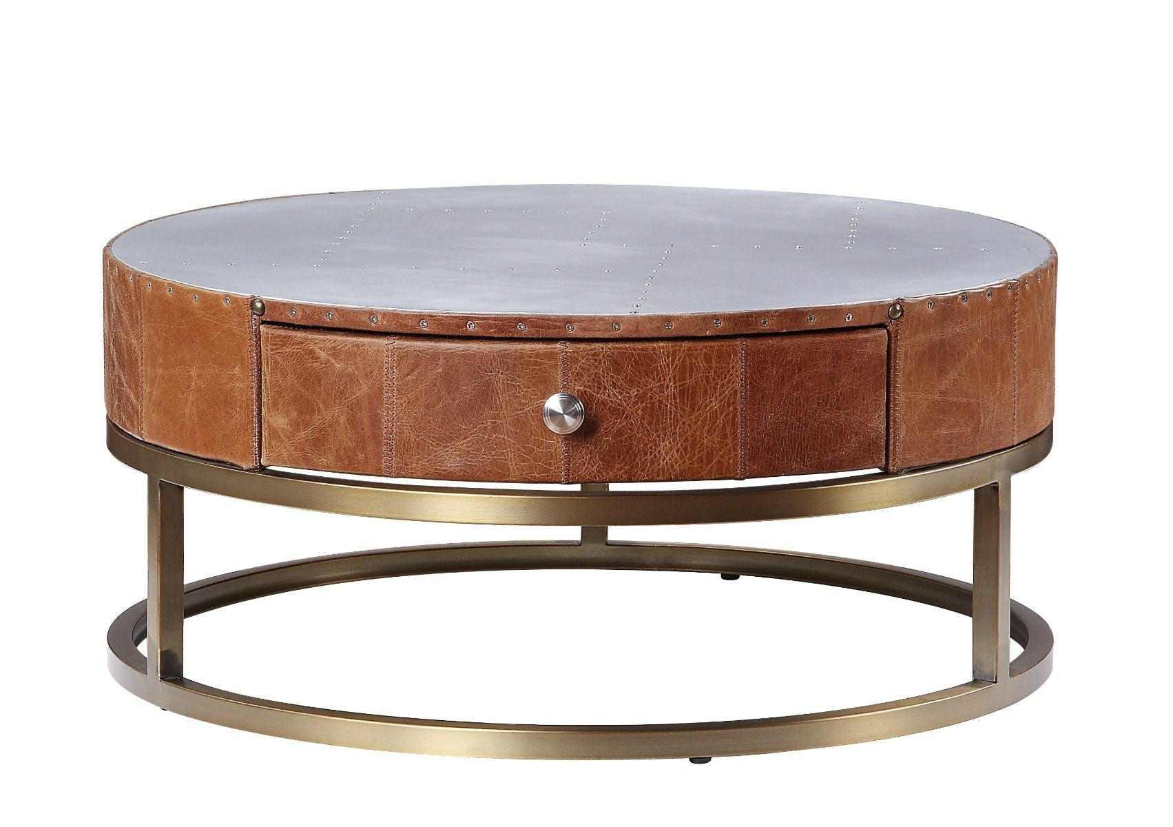 Mesa de centro Tamas de aluminio y cuero de grano superior color cacao de 13"