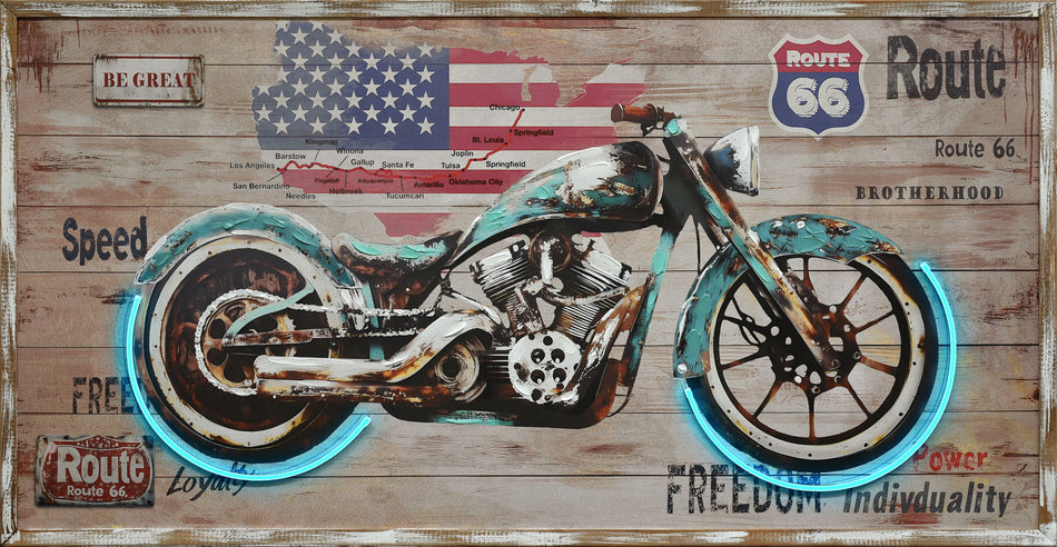 "Route Freedom" Hand-Embellished LED In Frame - Rustic / Neon