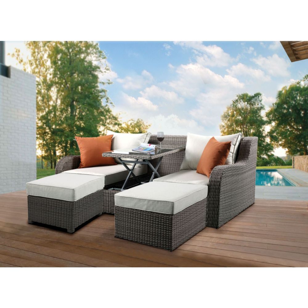Salena - Sofá y otomana para patio - Tela beige y mimbre gris - 30"