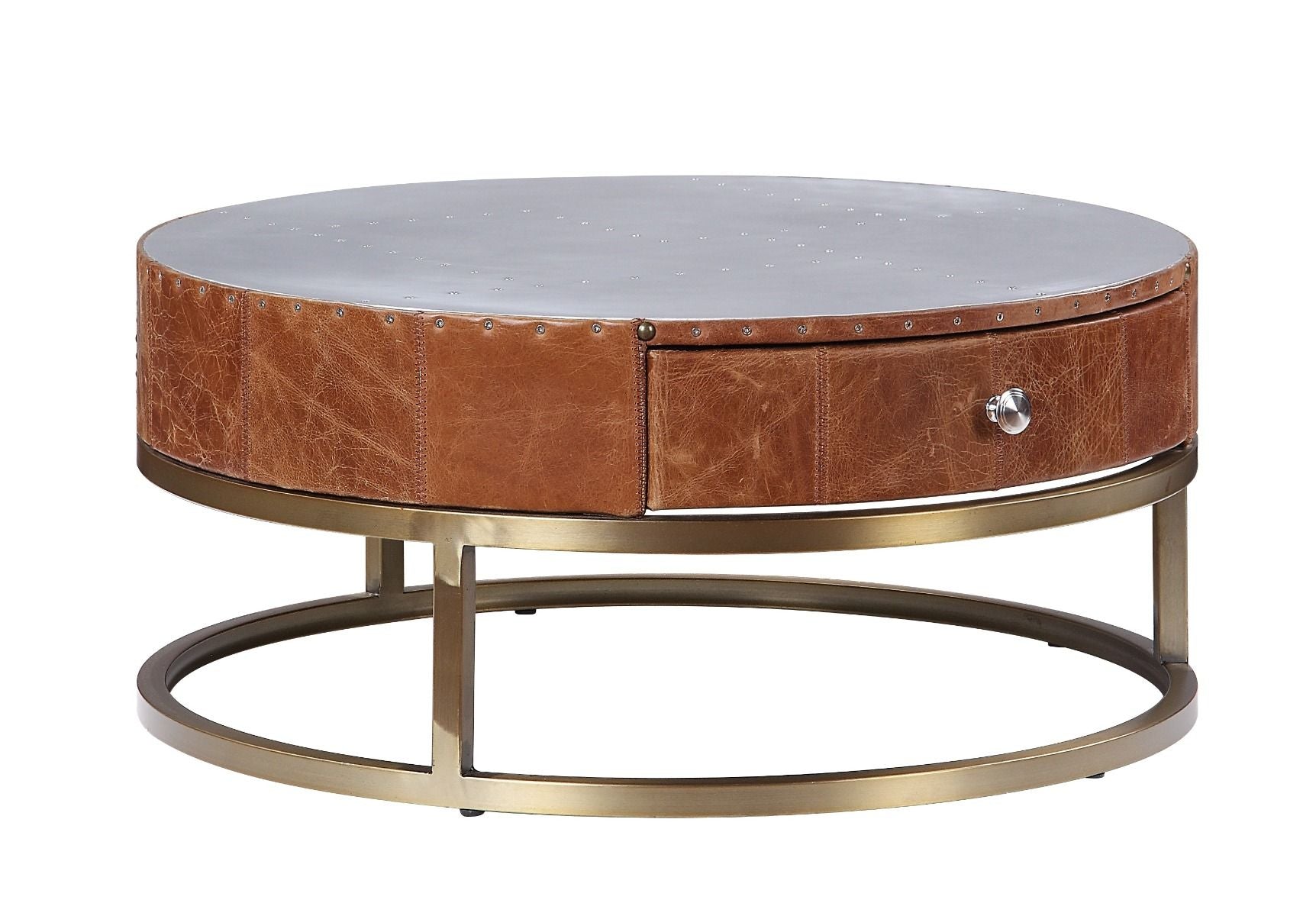 Mesa de centro Tamas de aluminio y cuero de grano superior color cacao de 13"