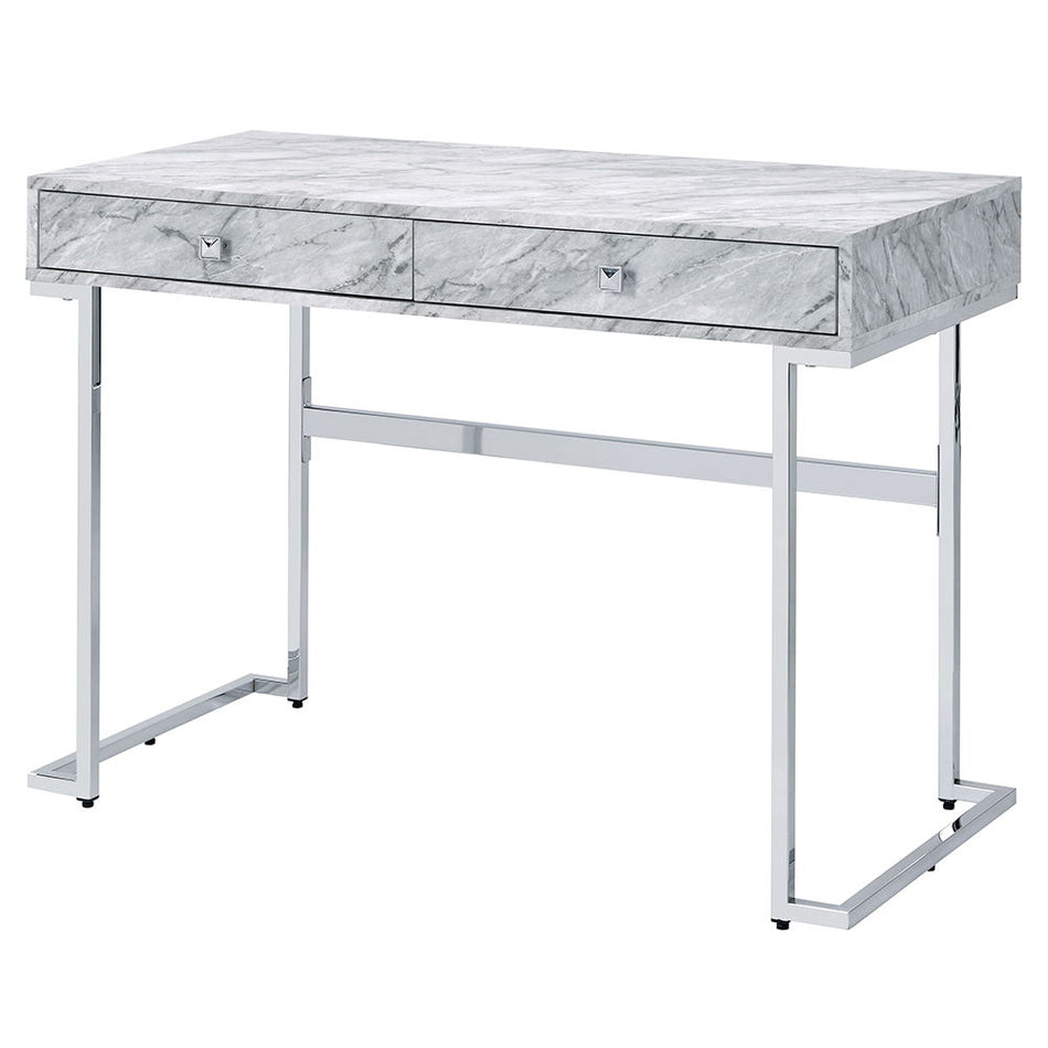 Escritorio Tigress con acabado cromado y imitación mármol impreso en blanco