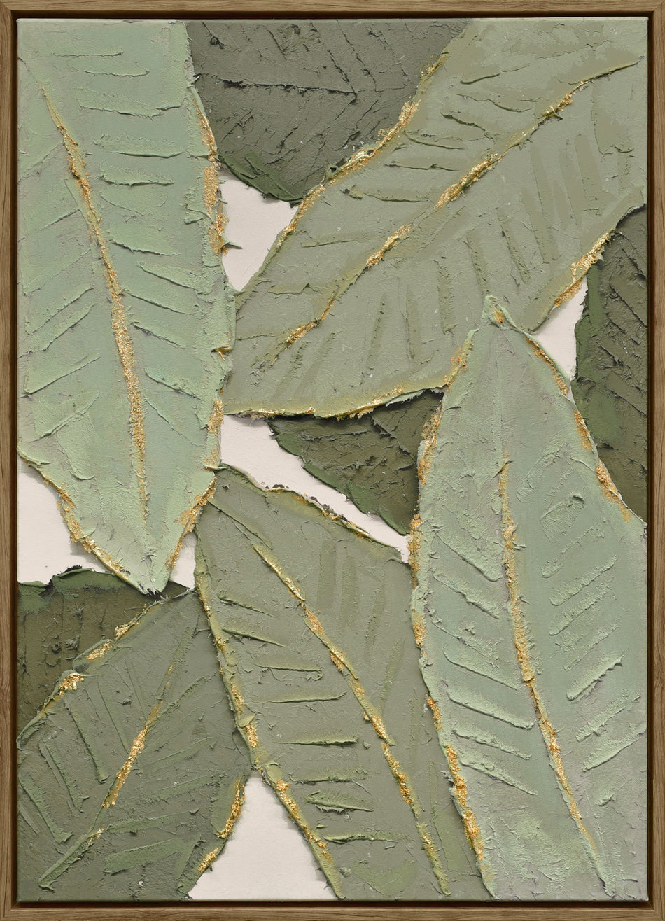 "Verdant Essence I" Hand-Embellished Canvas In Frame - Green / Gold / Wood