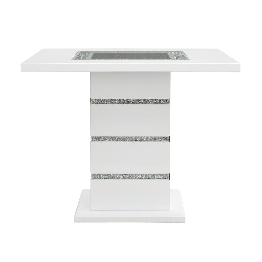 Mesa de altura de mostrador Elizaveta: terciopelo gris, diamantes de imitación de cristal y acabado blanco de alto brillo