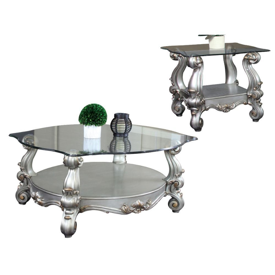 Mesa de centro Versalles, platino antiguo y vidrio transparente, 22"
