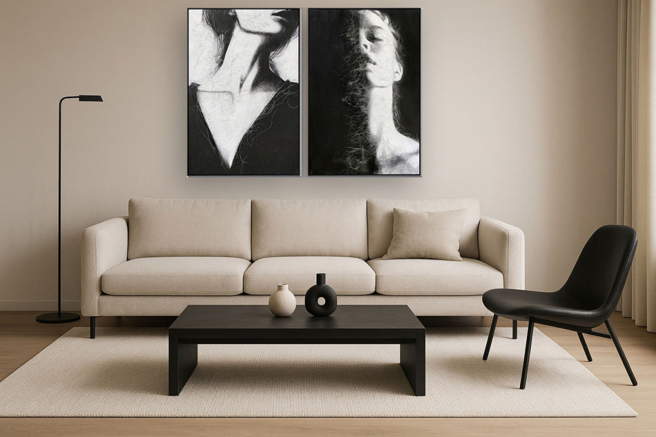 Hand Painted Textured Canvas In Frame (Set of 2) - Black