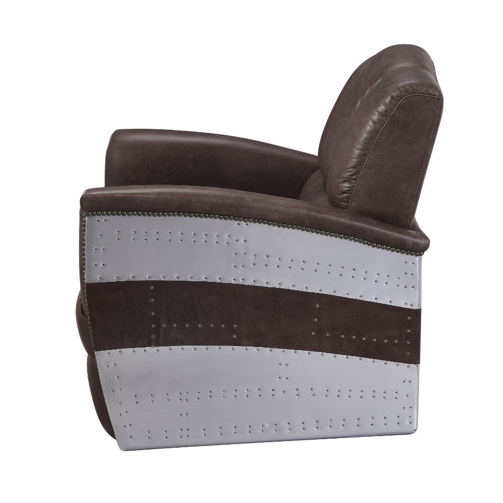 Brancaster - Silla decorativa - Cuero de grano superior marrón retro y aluminio - 35"