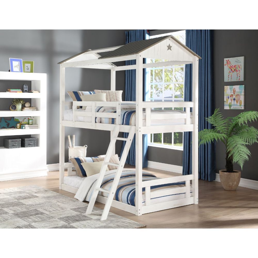 Nadine - Cama litera doble sobre dos camas individuales Cottage - Blanco desgastado y gris lavado