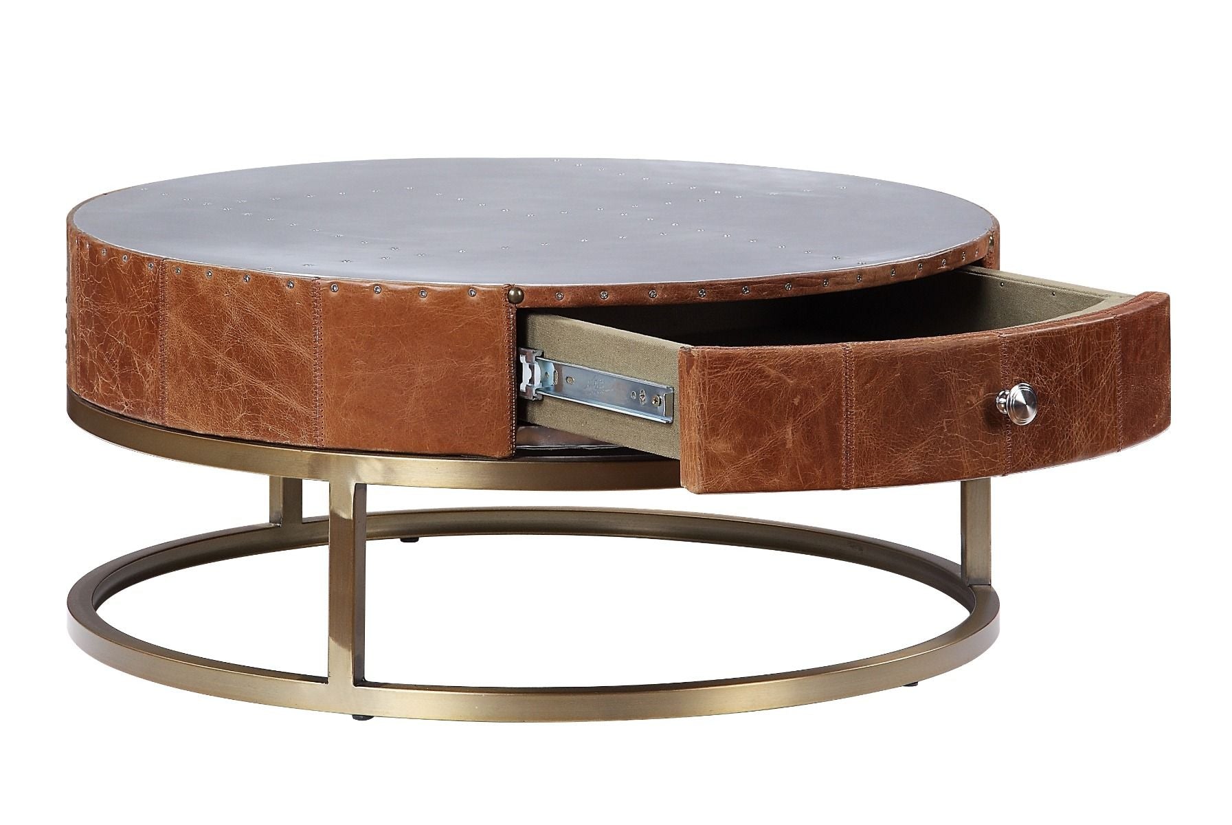 Mesa de centro Tamas de aluminio y cuero de grano superior color cacao de 13"