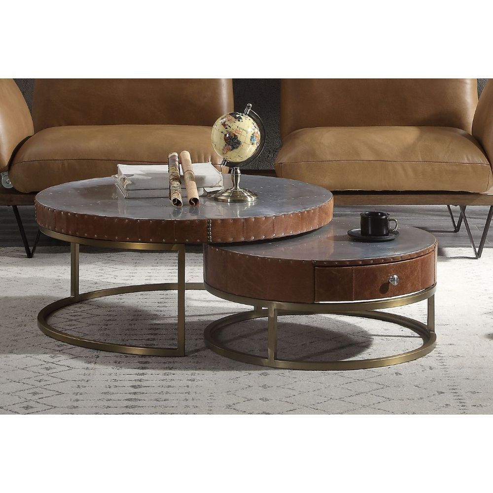 Mesa de centro Tamas de aluminio y cuero de grano superior color cacao de 13"