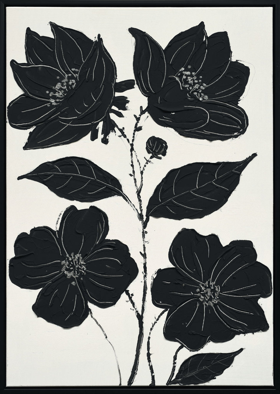 "Nocturnal Blooms I" Hand-Painted Canvas In Frame - Black