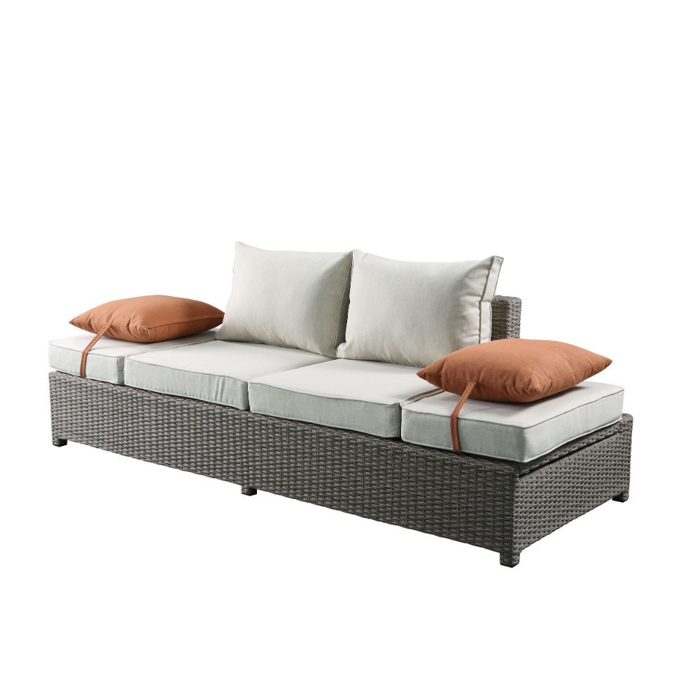 Salena - Sofá y otomana para patio - Tela beige y mimbre gris - 26"