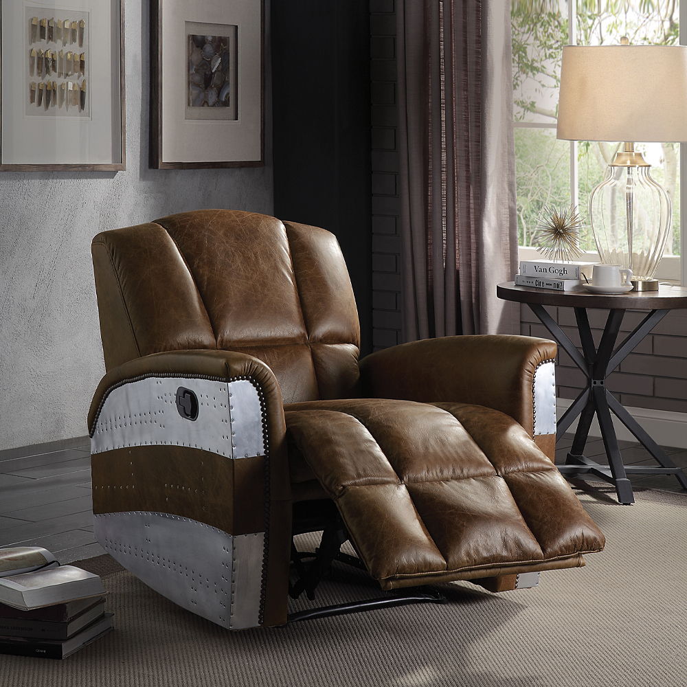 Brancaster - Sillón reclinable - Cuero de grano superior marrón retro y aluminio