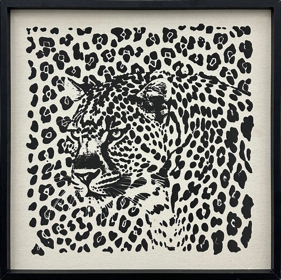 Shadow Leopard Puff Printed Canvas In Frame - Black / Ivory