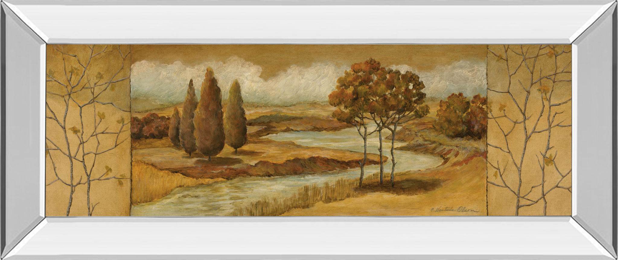 River Scene I - Mirror Framed Print Wall Art - Dark Brown