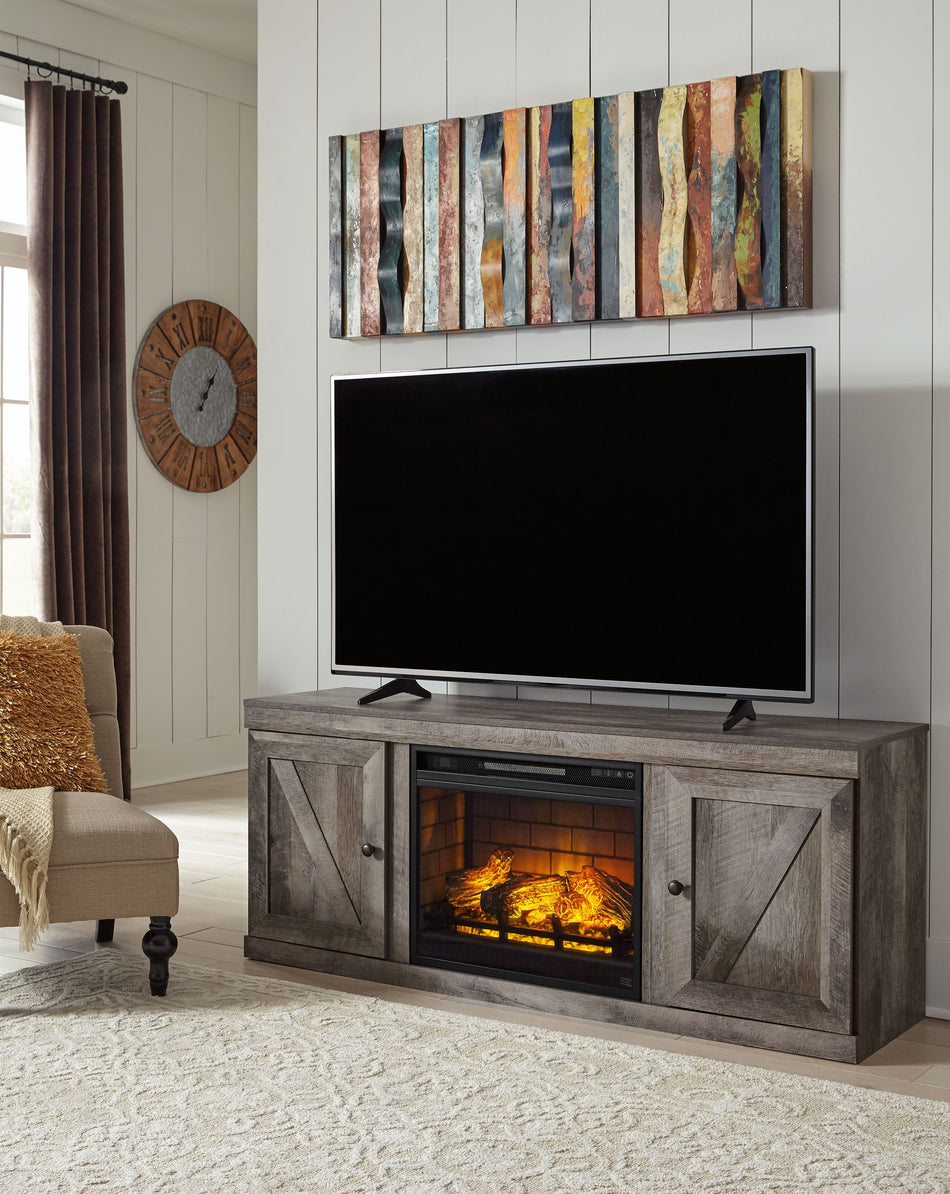 Wynnlow - Gris - Mueble de TV con inserto de chimenea de imitación de ladrillo refractario