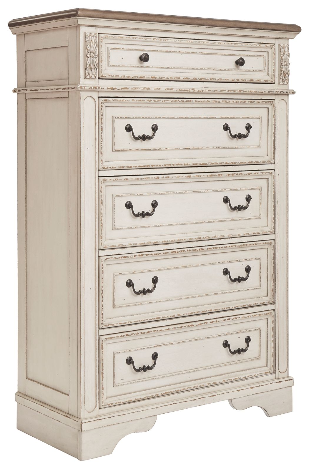 Cómoda de cinco cajones Realyn - Blanca / Marrón / Beige
