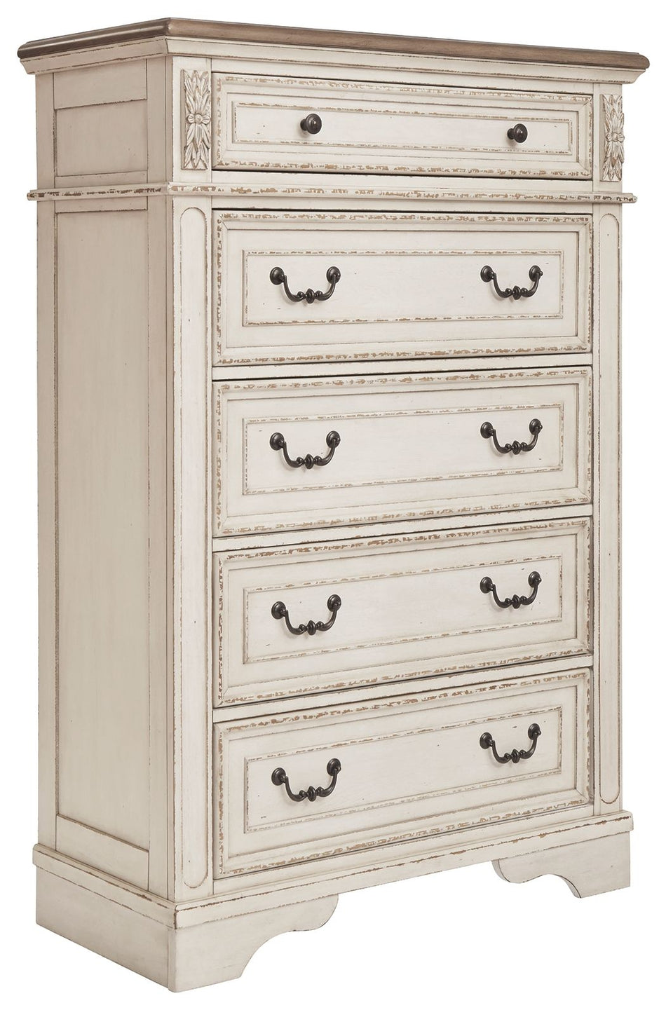 Cómoda de cinco cajones Realyn - Blanca / Marrón / Beige