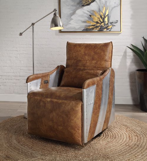 Sillón reclinable Qalurne, cuero de grano superior en moca de dos tonos y aluminio